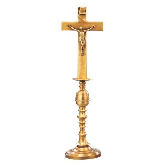 Image sur Crucifix en bronze poli pour chapelles - Base de support en forme de chandelier