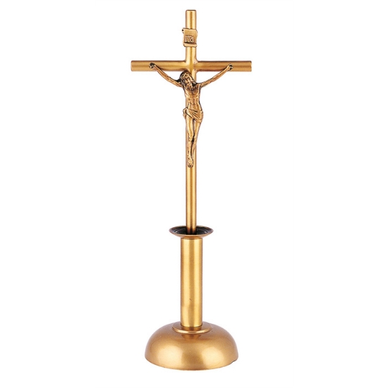 Image sur Crucifix en bronze poli sur croix - Barres cylindriques sur socle petit chandelier