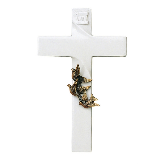 Immagine di Croce in bronzo per lapidi con colombe - Finitura bianco - Linea Olpe Volo