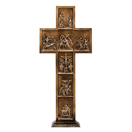 Image sur Croix en bronze poli avec représentation de certaines stations de la Via Crucis