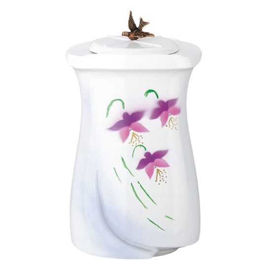 Imagen de Urna para cenizas de cremación de bronce acabado ceramismalt blanco con decoración floral - Línea Idria (cm 28)