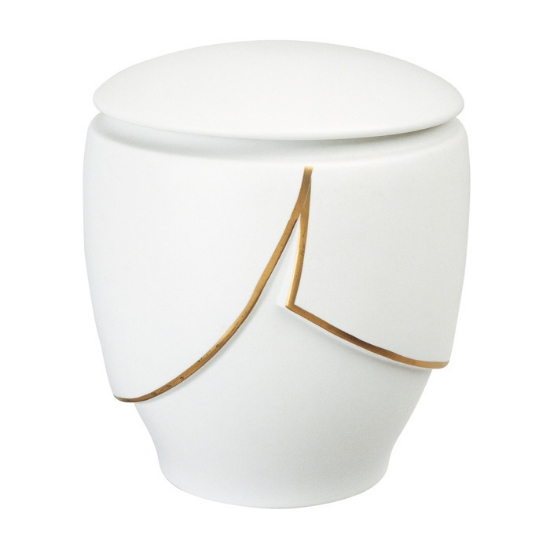 Picture of Wide cinerary urn for cremation ashes - white porcelain with golden finishes - Victoria Line