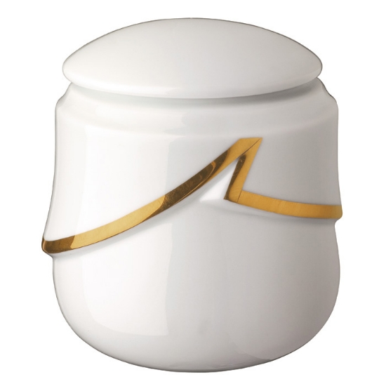 Picture of Small cinerary urn for cremation ashes - white porcelain with gold finishes - Victoria Line