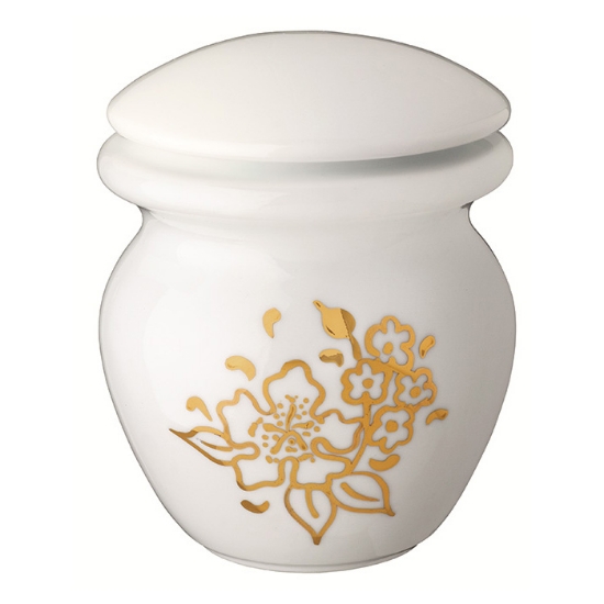 Imagen de Urna para cenizas de cremación pequeña - Porcelana blanca con adornos florales dorados - Línea Venere