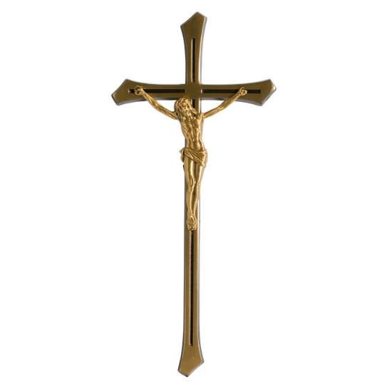 Imagen de Crucifijo de bronce sobre cruz con esquinas redondeadas de estilo clásico