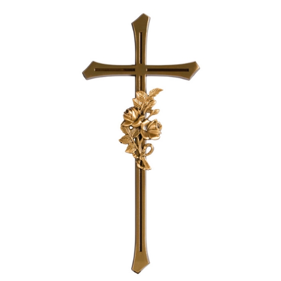 Immagine di Croce in bronzo lucido con angoli smussati e tralcio con due rose