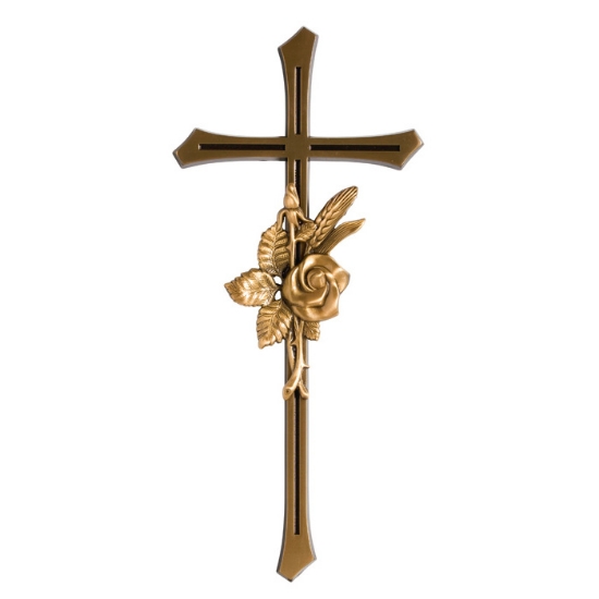 Imagen de Cruz de bronce pulido con esquinas redondeadas y una rama con una rosa