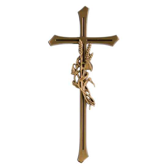 Imagen de Cruz de bronce pulido con esquinas redondeadas y espigas de trigo