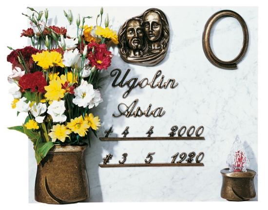 Imagen de Propuesta de lápida - Idria Bronze Glitter Línea - Marco, lámpara y jardinera de flores - Placa de Piedad - Letras en Itálico