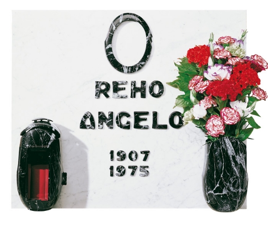 Image sur Proposition de pierre tombale - Ligne Olla - Finition marbre Marquinia noir - Vase vase à fleurs avec bougie cadre - Lettres italiennes