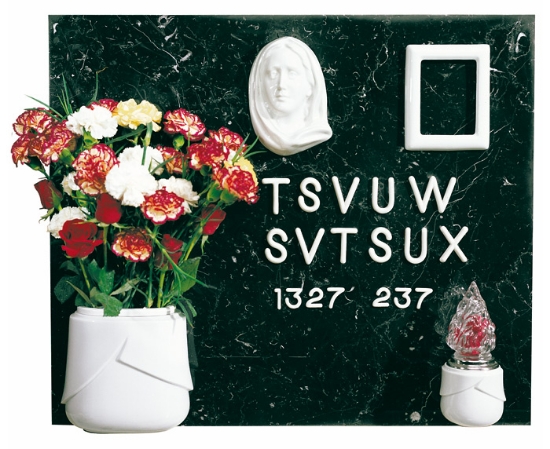 Image sur Proposition de pierre tombale - porcelaine blanche Victoria Ligne - cadre de lampe de plateau de fleurs et plaque Madonna - lettres modèle Futura