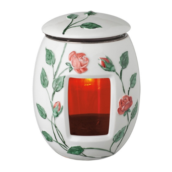 Picture of Candle lamp for gravestones - Tralci di rosa line - Colored decoration - Porcelain