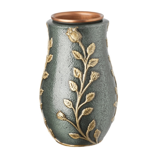 Image sur Vase à fleurs pour pierre tombale - Ligne Meg - Vert antique avec décorations dorées - Moulure en bronze