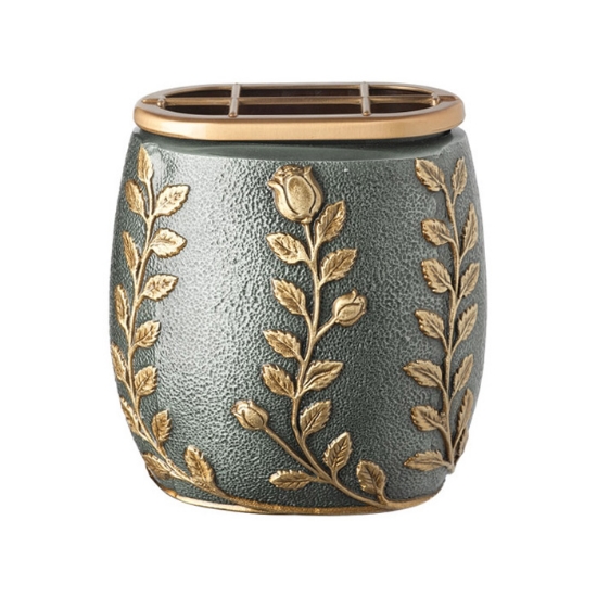 Image sur Pot à fleurs pour pierre tombale - Ligne Meg - Vert antique avec décorations dorées - Moulure en bronze