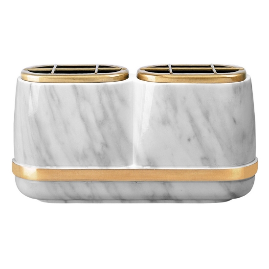 Immagine di Vaschetta portafiori doppia per lapide - Linea Cotile Carrara con fascia bronzo - Bronzo