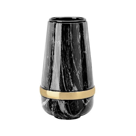 Image sur Vase à fleurs pour pierre tombale - Ligne Cotile - Finition marbre Marquinia noir avec bande bronze - Bronze