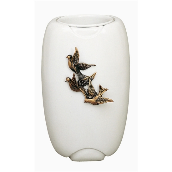 Immagine di Vaso portafiori per lapide - Linea Olpe bianco con colombe - Bronzo (Cinerari e ossari)