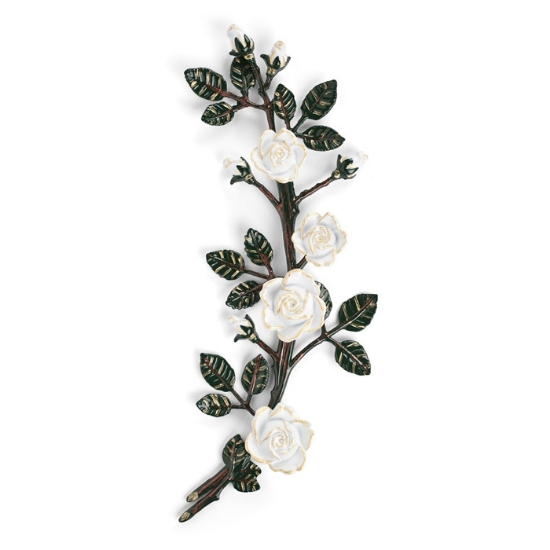 Imagen de Rama de rosa decorativa de bronce para lápidas - Grande (lado derecho) - Acabado ramas verdes y rosas blancas