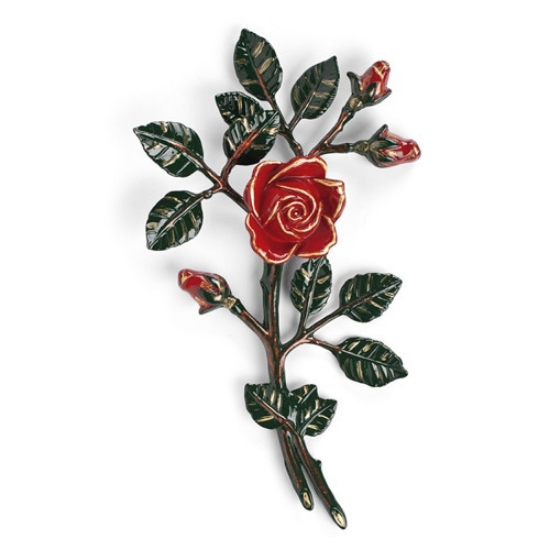 Image sur Branche de roses décorative en bronze pour pierres tombales - Moyenne-petite (côté gauche) - Finition de branches vertes ed roses rouges