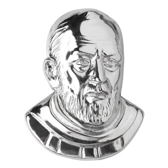 Immagine di Targa con bassorilievo in bronzo per lapide - Volto di Padre Pio in finitura cromata