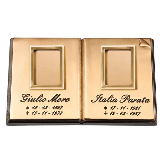 Picture of Bronze commemorative book for gravestones with engraving and double frame. Personalized dedication