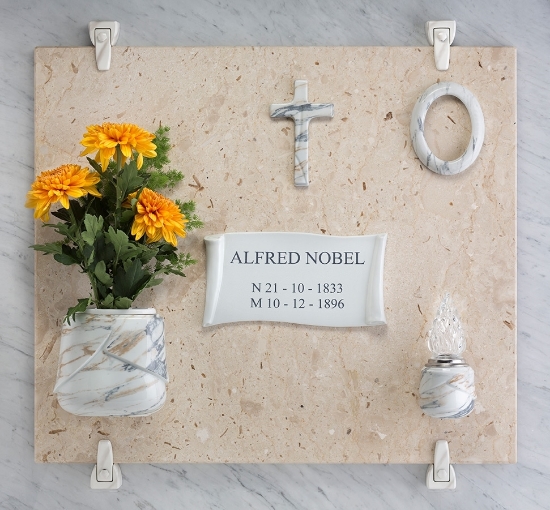 Picture of Porcelain Gravestone Proposal - Victoria Apuania Line - Vase for flowers, lamp, frame, crucifix in Apuania marble finish - Parchment in porcelain