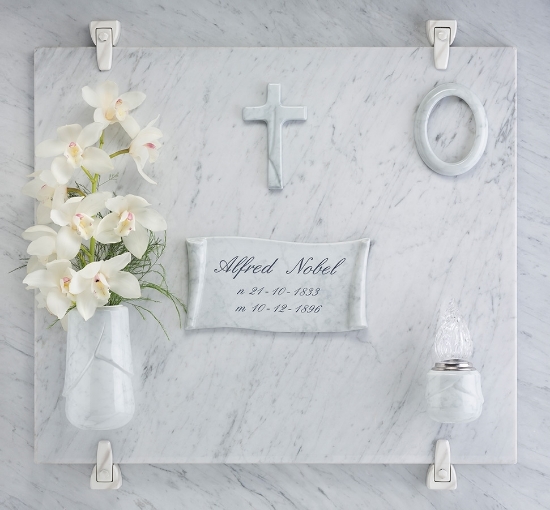 Picture of Porcelain Tombstone Proposal - Victoria Carrara Line - Vase for flowers, lamp, frame, crucifix and parchment in Carrara marble finish