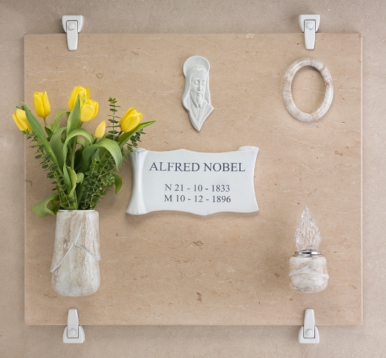 Picture of Porcelain Tombstone Proposal - Victoria Travertine Line - Flower vase, lamp and frame in Travertine marble finish - Parchment and Christ plate in porcelain