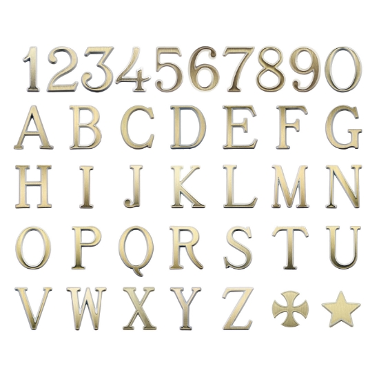 Picture of Letras e números de bronze para lápides. Modelo romano. Acabamento branco e dourado